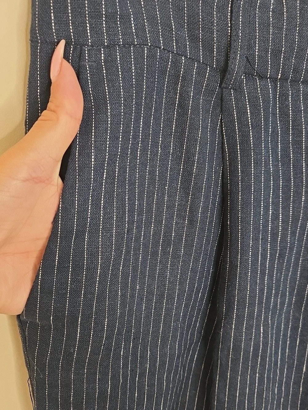 Rachel Zoe Navy Pinstripe Linen Blend Trousers Size 8 Tailored Wide Leg Pants - Picture 3 of 10